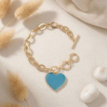 Load image into Gallery viewer, Turquoise Heart Charm Gold Oval Chain Bracelet
