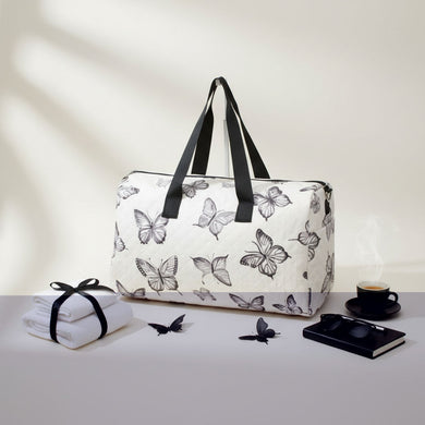 Travel Bag Cream Quilted Black Butterfly Duffel