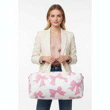 Load image into Gallery viewer, Travel Bag White Quilted Pretty Pink Bow Duffel
