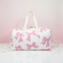 Load image into Gallery viewer, Travel Bag White Quilted Pretty Pink Bow Duffel
