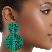 Load image into Gallery viewer, Drop Green Seed Bead and Felt Circle Earrings

