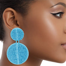 Load image into Gallery viewer, Drop Light Blue Seed Bead and Felt Circle Earrings
