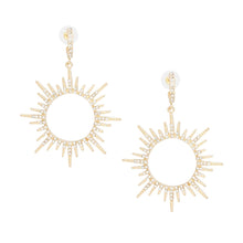 Load image into Gallery viewer, Drop Gold Open Hoop Sunburst Rhinestone Earrings
