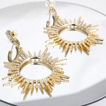 Load image into Gallery viewer, Drop Gold Open Hoop Sunburst Rhinestone Earrings
