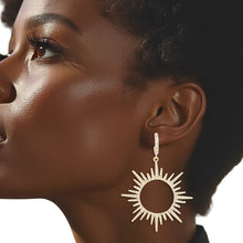 Load image into Gallery viewer, Drop Gold Open Hoop Sunburst Rhinestone Earrings
