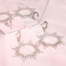 Load image into Gallery viewer, Drop Silver Open Hoop Sunburst Rhinestone Earrings
