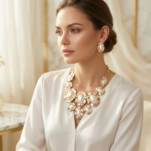 Load image into Gallery viewer, Gold Hammered Oval Pearl Linked Bib Necklace
