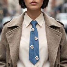 Load image into Gallery viewer, Blue Denim Cream Pearl Flower Necktie Necklace

