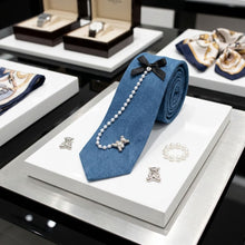 Load image into Gallery viewer, Blue Denim Pearl Teddy Bear Necktie Necklace
