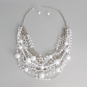 Chunky Silver Chain White Pearl Layered Necklace