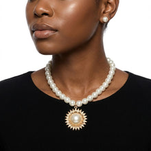 Load image into Gallery viewer, Gold Sunburst Cream Pearl Pendant Necklace
