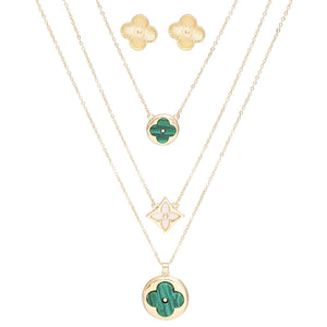 Pendant Gold Green Quatrefoil Layered Necklace