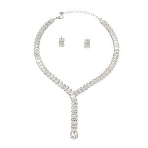 Formal Necklace Silver Baguette Crystal Y Set