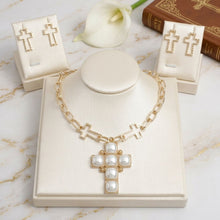 Load image into Gallery viewer, Cream Pearl Cross Pendant Gold Chain Necklace
