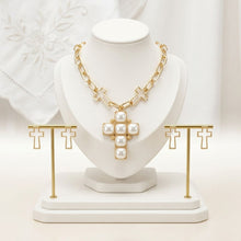 Load image into Gallery viewer, Cream Pearl Cross Pendant Gold Chain Necklace
