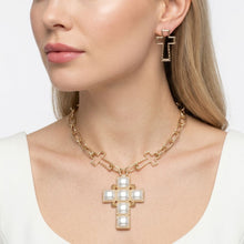 Load image into Gallery viewer, Cream Pearl Cross Pendant Gold Chain Necklace
