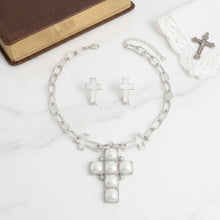 Load image into Gallery viewer, White Pearl Cross Pendant Silver Chain Necklace
