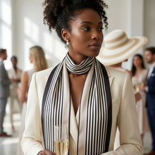 Load image into Gallery viewer, Black and Beige Pinstripe Silky Skinny Scarf
