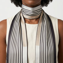 Load image into Gallery viewer, Black and Beige Pinstripe Silky Skinny Scarf
