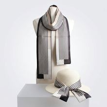 Load image into Gallery viewer, Black and Beige Pinstripe Silky Skinny Scarf
