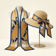 Load image into Gallery viewer, Navy Mustard Nautical Anchor Silky Skinny Scarf
