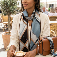 Load image into Gallery viewer, Black and Brown Geometric Chain Silky Skinny Scarf
