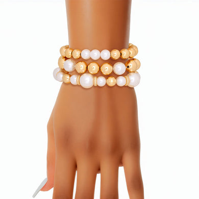 Bracelet Gold Bead White Pearl 3 Pcs Stretch Set