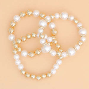 Bracelet Gold Bead White Pearl 3 Pcs Stretch Set