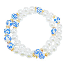 Load image into Gallery viewer, Bracelet Cream Pearl Blue Hand Painted Bead Set
