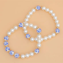 Load image into Gallery viewer, Bracelet Cream Pearl Blue Hand Painted Bead Set
