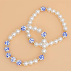 Bracelet Cream Pearl Blue Hand Painted Bead Set