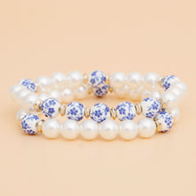 Load image into Gallery viewer, Bracelet Cream Pearl Blue Hand Painted Bead Set
