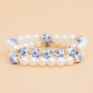 Bracelet Cream Pearl Blue Hand Painted Bead Set