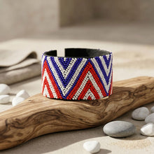 Load image into Gallery viewer, Cuff Tribal Red White &amp; Blue Zigzag Bead Bracelet
