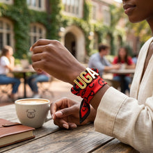 Load image into Gallery viewer, UGA Gold Letter Charm Red Black Scarf Bracelet
