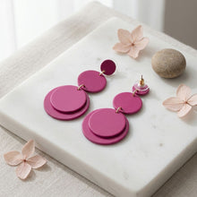 Load image into Gallery viewer, Dangle Pink Mirror Triple Disc Drop Earrings
