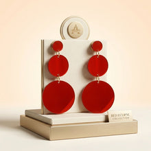 Load image into Gallery viewer, Dangle Red Mirror Triple Disc Drop Earrings
