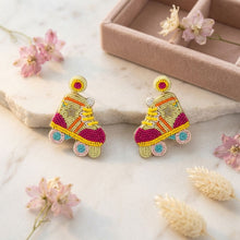 Load image into Gallery viewer, Drop Retro Roller Skate Green Pink Bead Earrings
