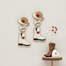 Load image into Gallery viewer, Dangle White Red Bead Cowboy Hat Boots Earrings
