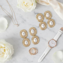 Load image into Gallery viewer, Drop Gold Organic Oval Cream Pearl Domed Earrings
