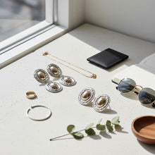 Load image into Gallery viewer, Drop Silver Organic Oval Gold Metal Domed Earrings
