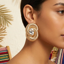 Load image into Gallery viewer, Gold Ribbed Swirl Crystal Stud Earrings
