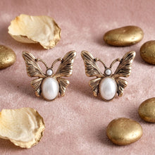 Load image into Gallery viewer, Opulent Gold Butterfly Cream Pearl Stud Earrings
