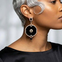 Load image into Gallery viewer, Black and Gold Crystal Medallion Drop Earrings
