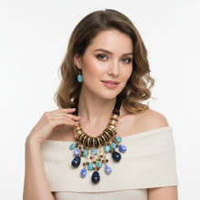 Load image into Gallery viewer, Beaded Blue Stone Global Artisan Leather Necklace
