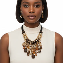 Load image into Gallery viewer, Beaded Brown Stone Global Artisan Leather Necklace
