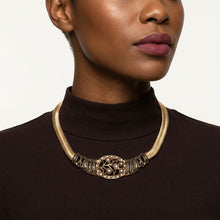 Load image into Gallery viewer, Antique Gold Black Floral Herringbone Necklace
