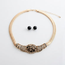Load image into Gallery viewer, Antique Gold Black Floral Herringbone Necklace
