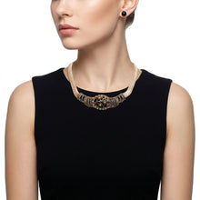 Load image into Gallery viewer, Antique Gold Black Floral Herringbone Necklace
