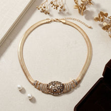 Load image into Gallery viewer, Antique Gold Pearl Floral Herringbone Necklace
